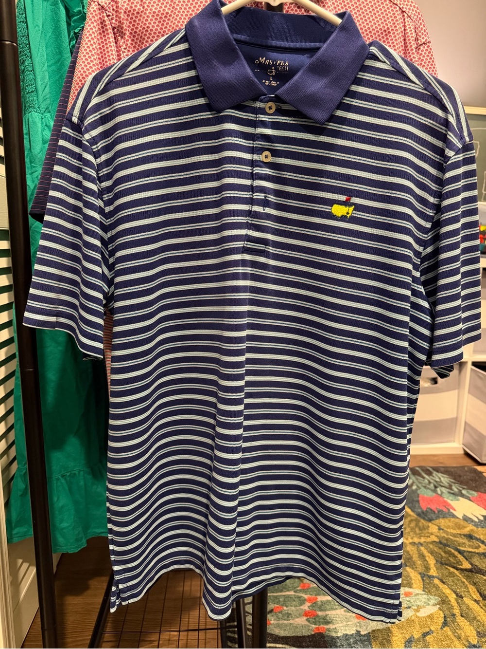 Masters Tour Striped Navy Polo with Yellow Emblem
